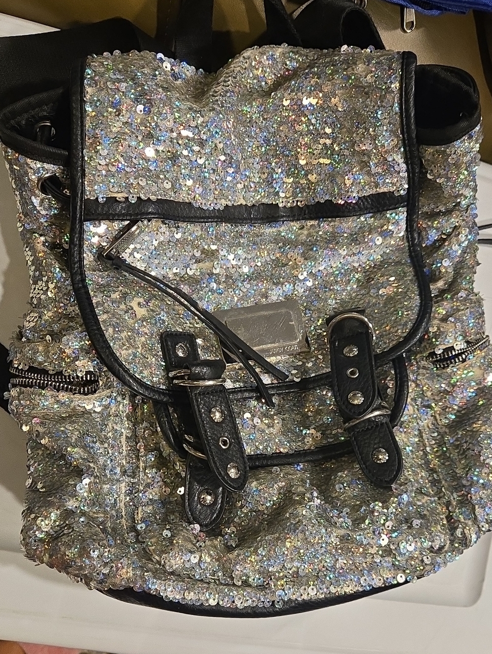 Juicy Couture Sequin Drawstring Backpack - Silver Irradecent Sparkle